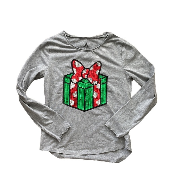 Disney Minnie Mouse Grey Gift Sequin Christmas Top Medium - Picture 1 of 10